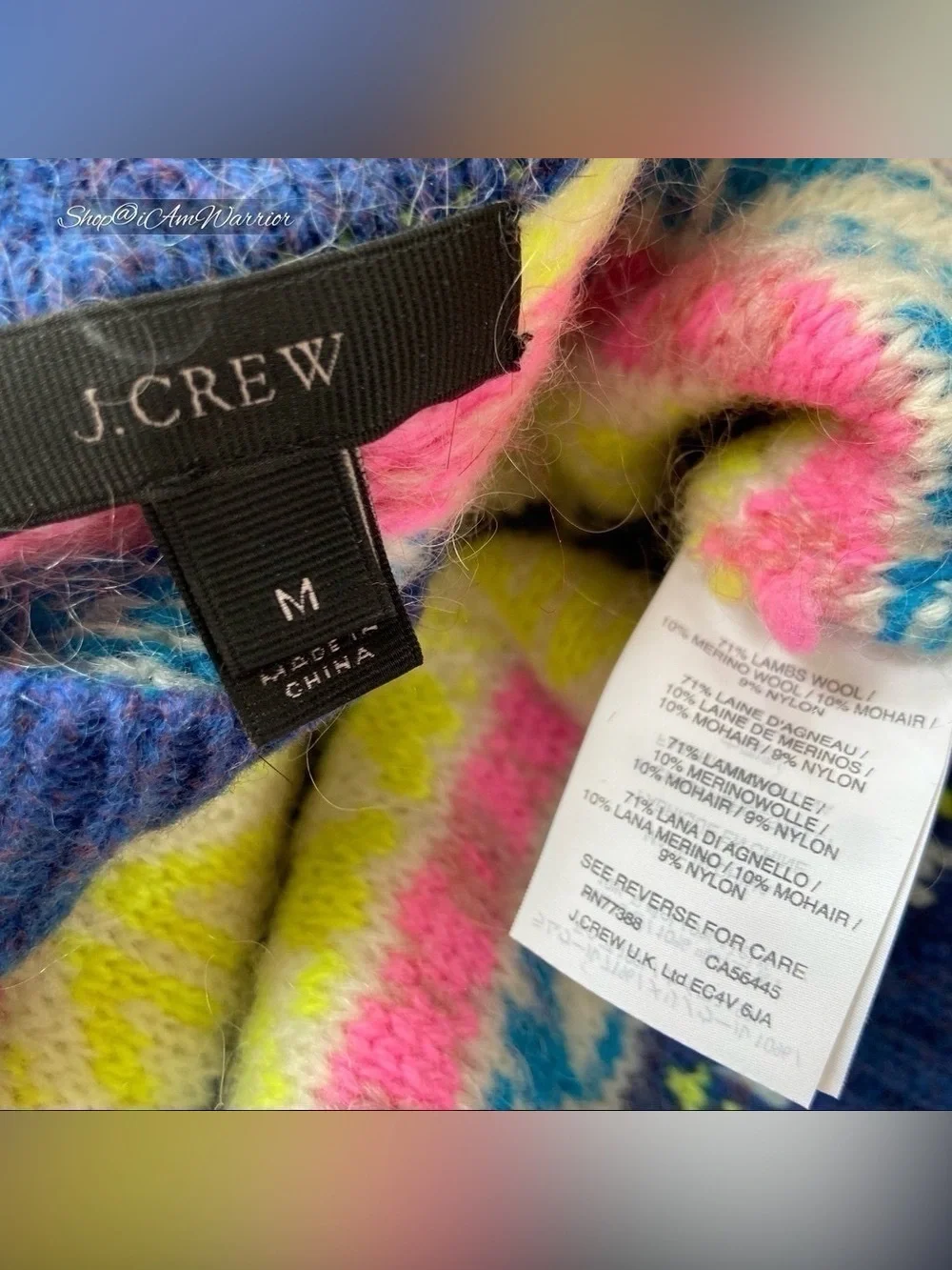 J.Crew Neon Fair Isle Mohair Wool Blend Striped Crewneck Sweater